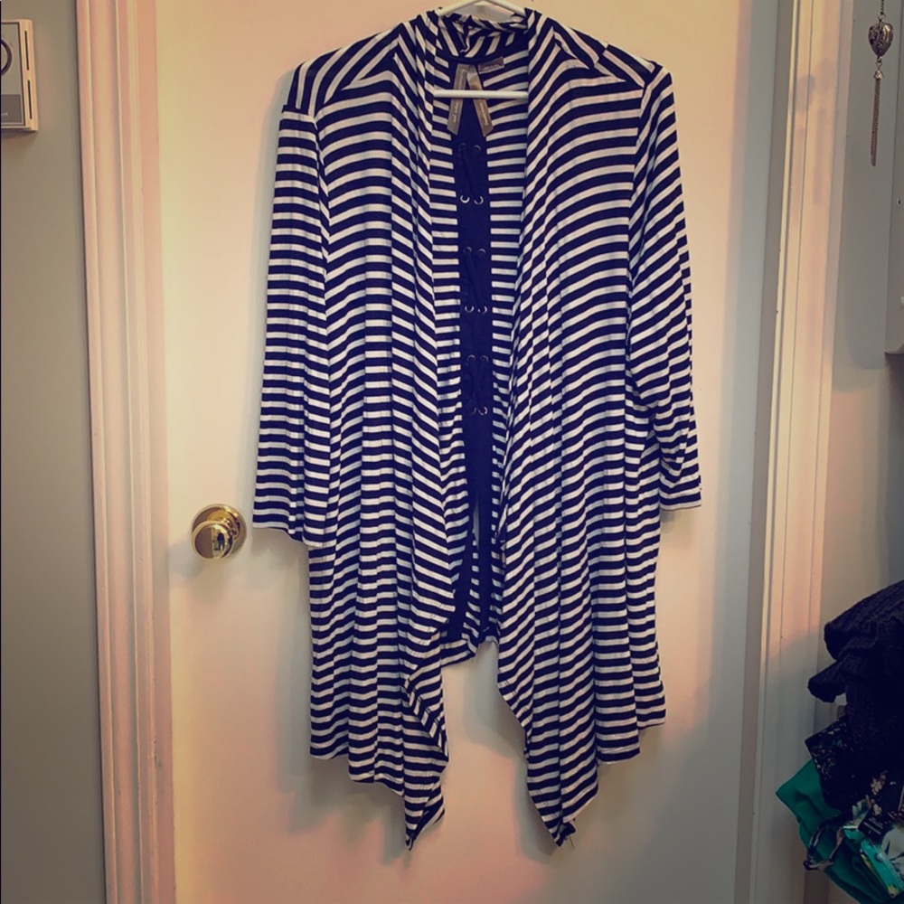 Blue and white striped open cardigan